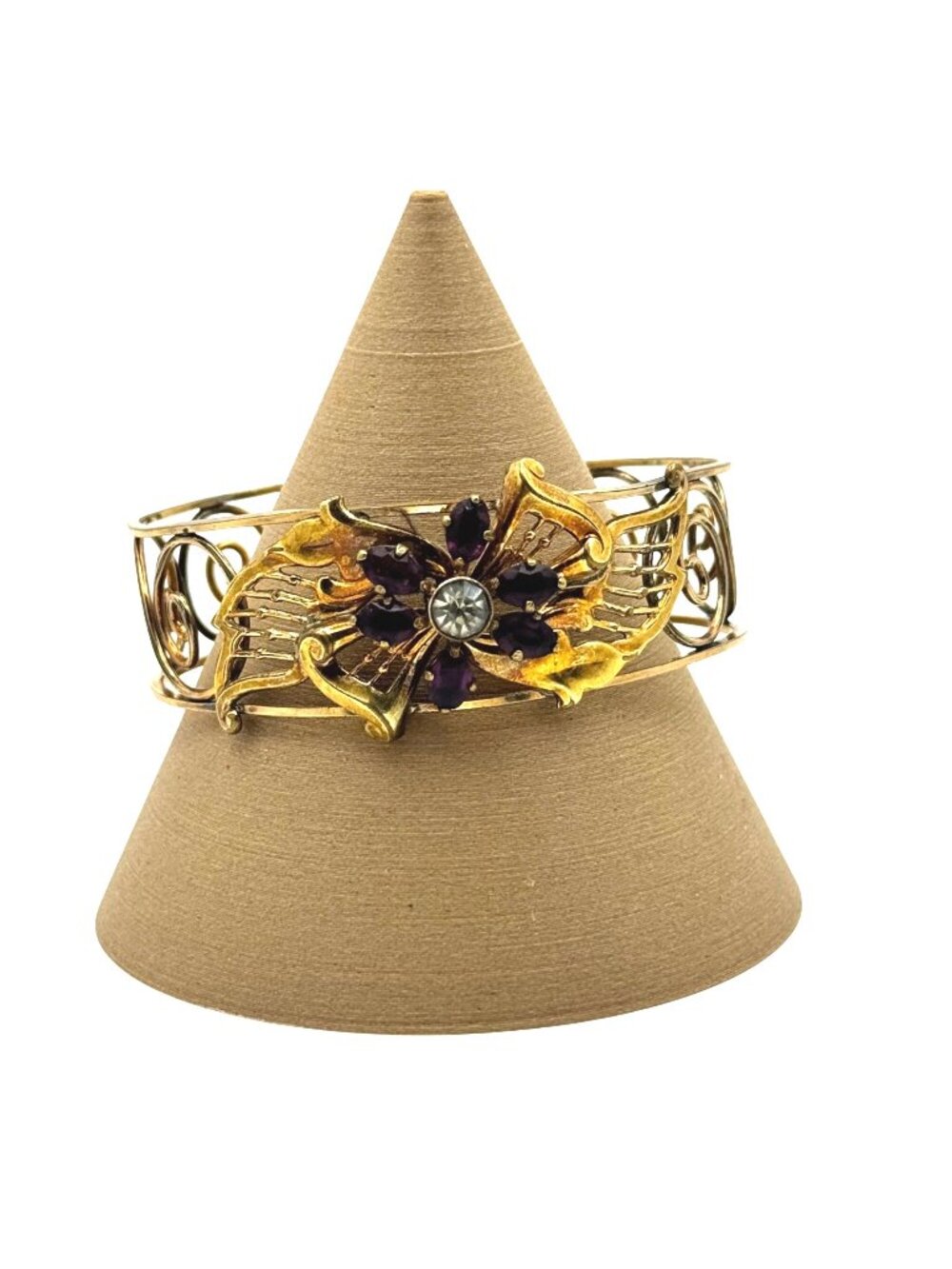 Amethyst Glass Statement Cuff Gold Filled Floral Bracelet Purple Filigree Vintag